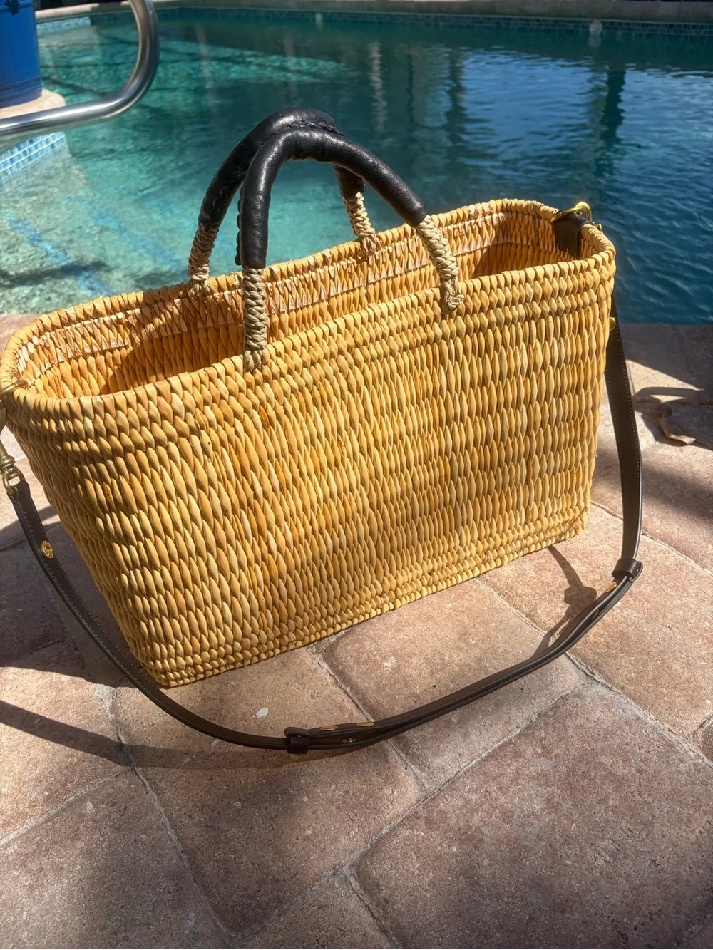 Vintage Wicker Woven Tote with Black Leather Handles